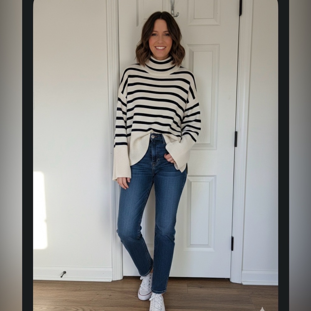 GAP 100% Cotton Shaker-Stitch Nautical Striped Turtleneck Sweater - Size M